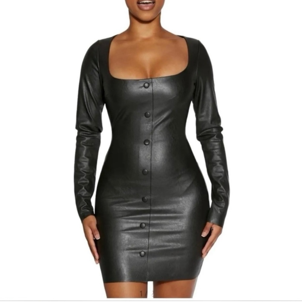 naked wardrobe Black Faux Leather Long Sleeve Mini Dress
